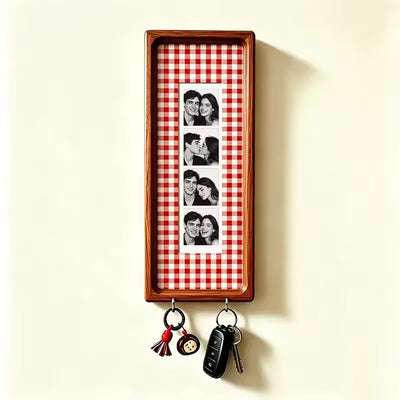 Red check wood photo strip frame with key hooks, studio shot