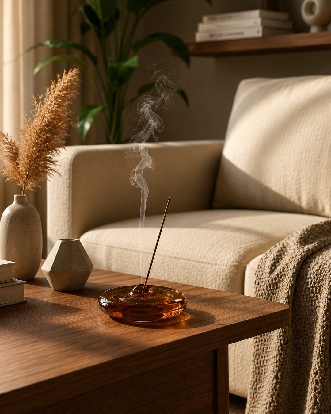 Top-down view of amber glass incense holder