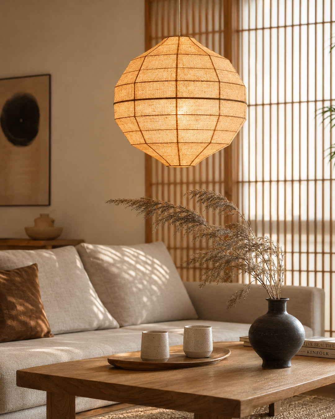 Plant fiber pendant light hung over a dining table