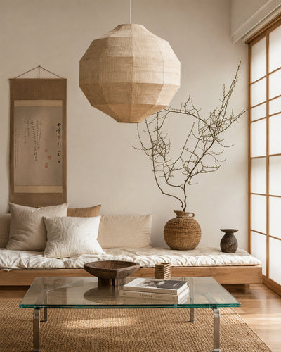 Plant fiber pendant light styled in a living room