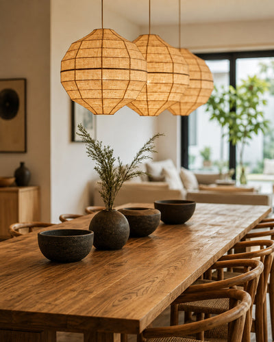 Close-up of woven natural fiber texture on pendant shade
