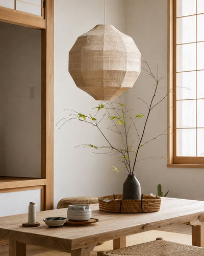 Plant fiber pendant light size reference in bedroom setting