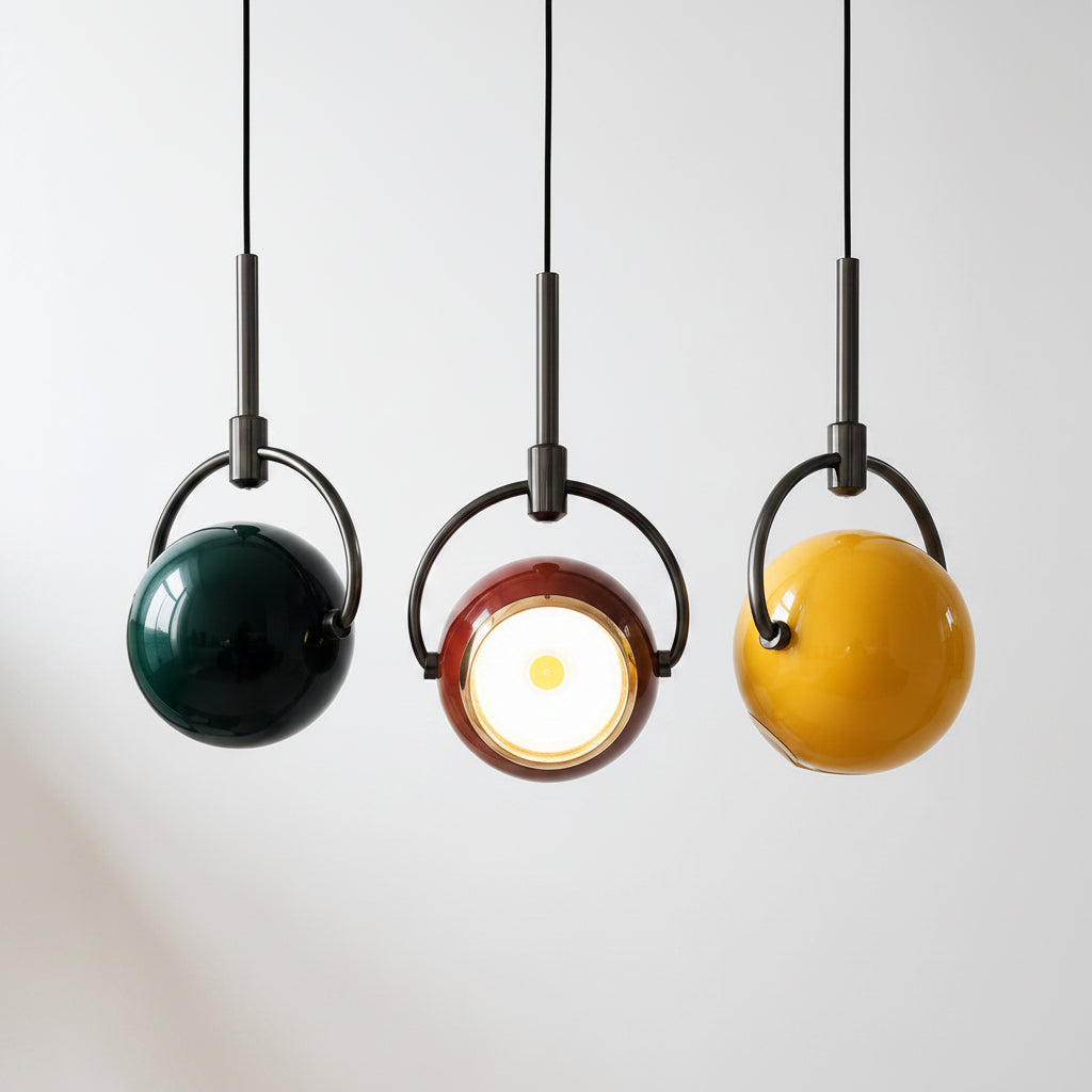 orb pendant light closeup detail shot showing cradle frame and glass shade