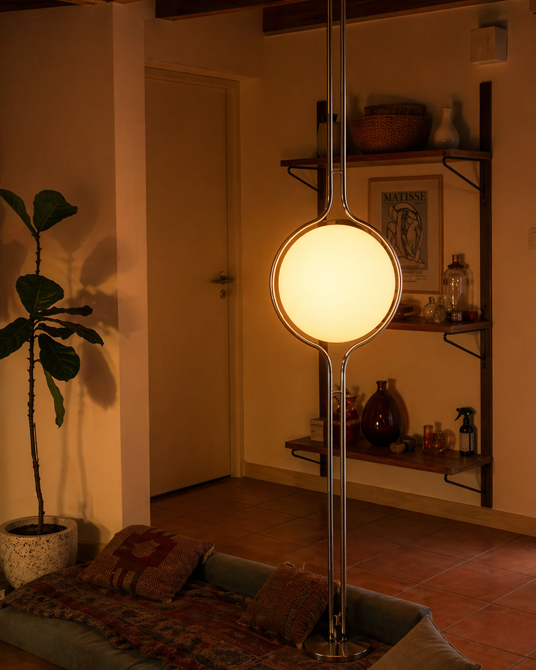 Tension pole lamp styled in a living room corner