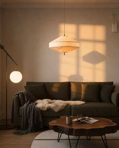 Close-up of panelled linen texture on pendant shade
