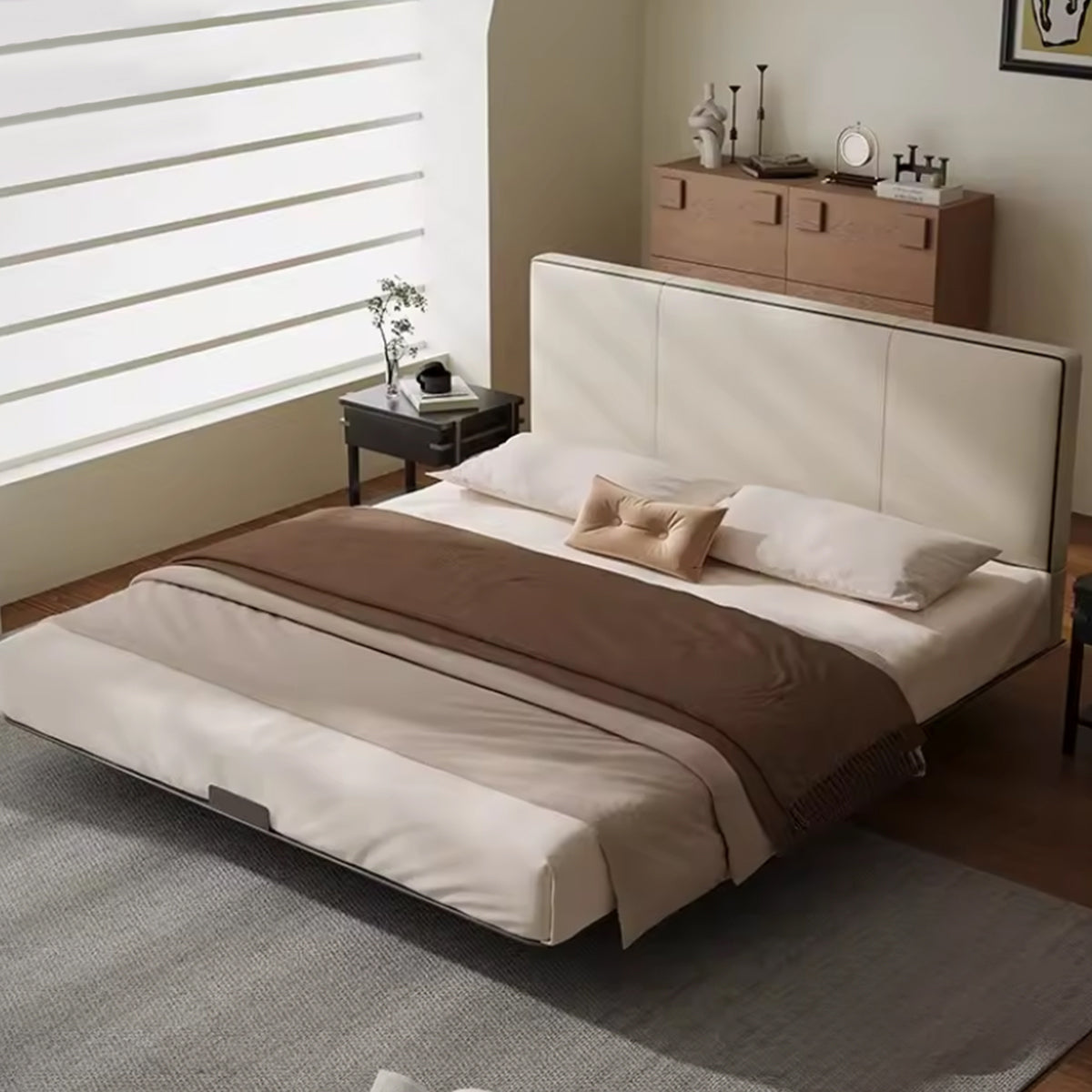 Stainless Steel Bed Frame - Beige Headboard, Industrial Metal Design