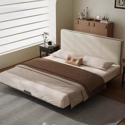 Stainless Steel Bed Frame - Beige Headboard, Industrial Metal Design