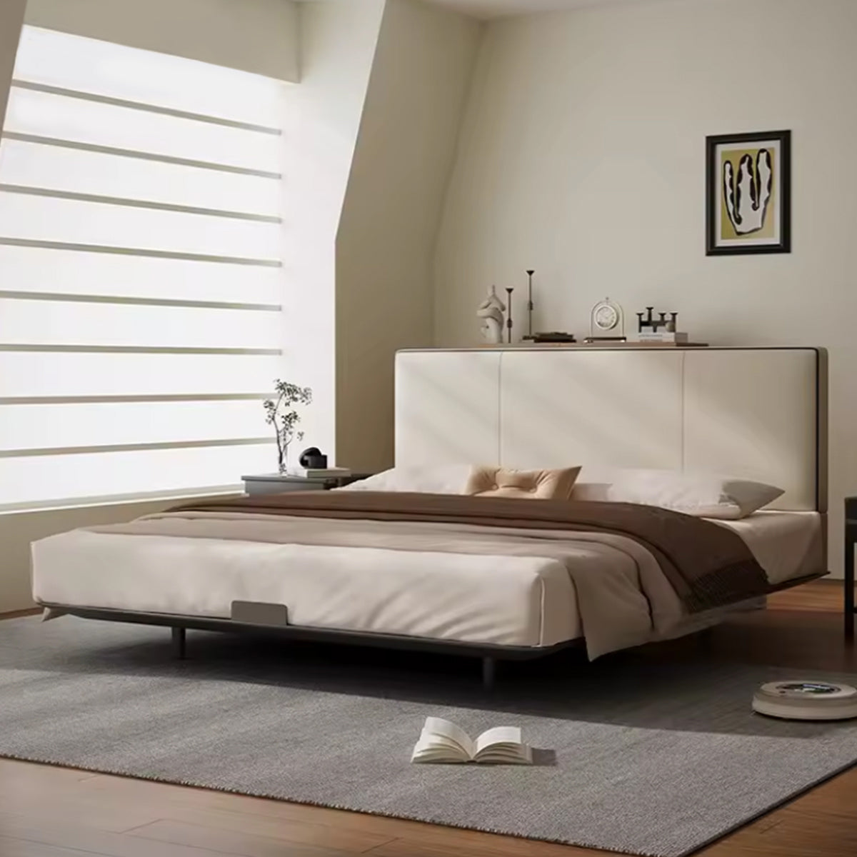 Stainless Steel Bed Frame - Beige Headboard, Industrial Metal Design