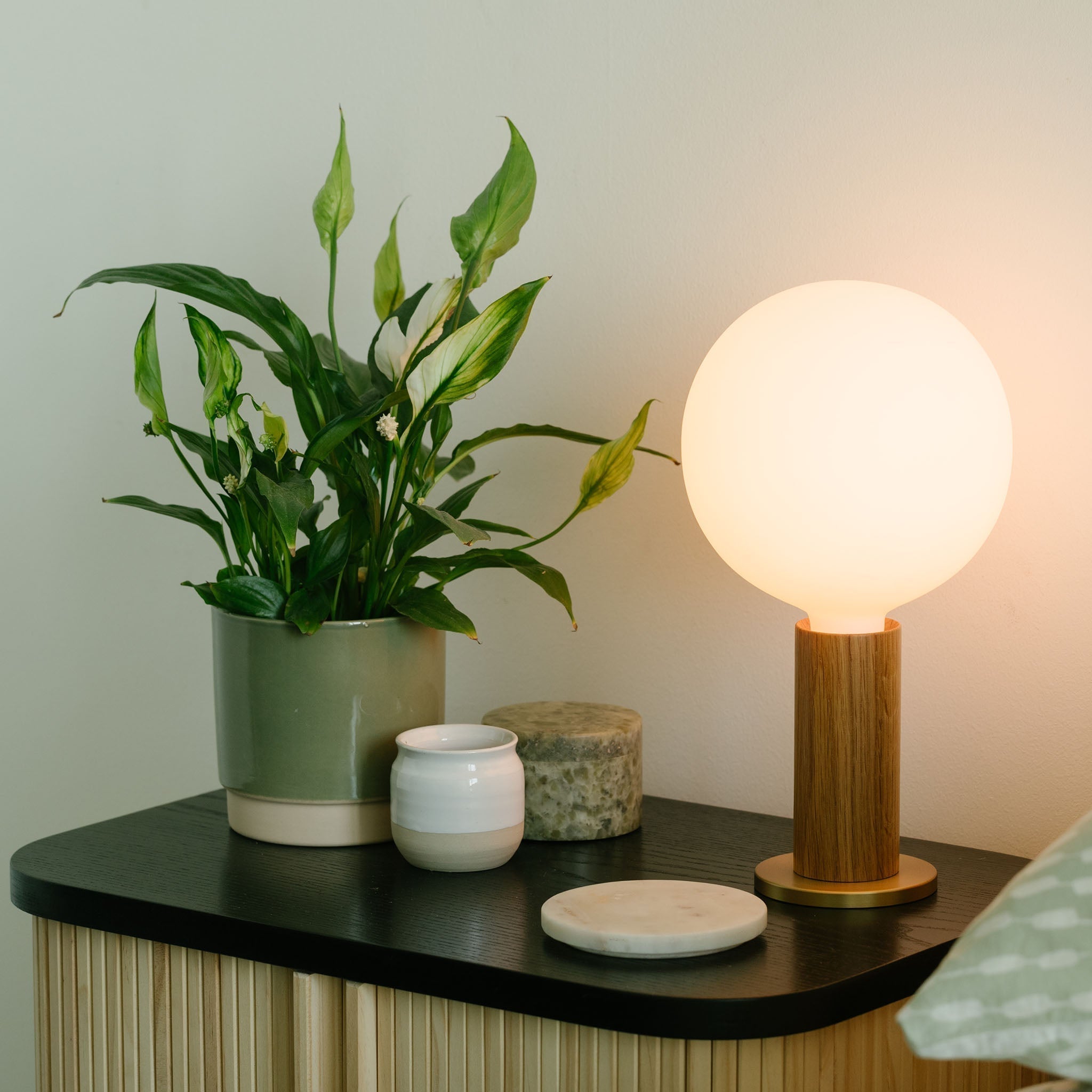 Tala Table Lamp – Wood Base, Brass Finish, Dimmable LED Sphere Bulb