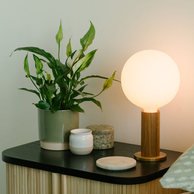 Tala Table Lamp – Wood Base, Brass Finish, Dimmable LED Sphere Bulb