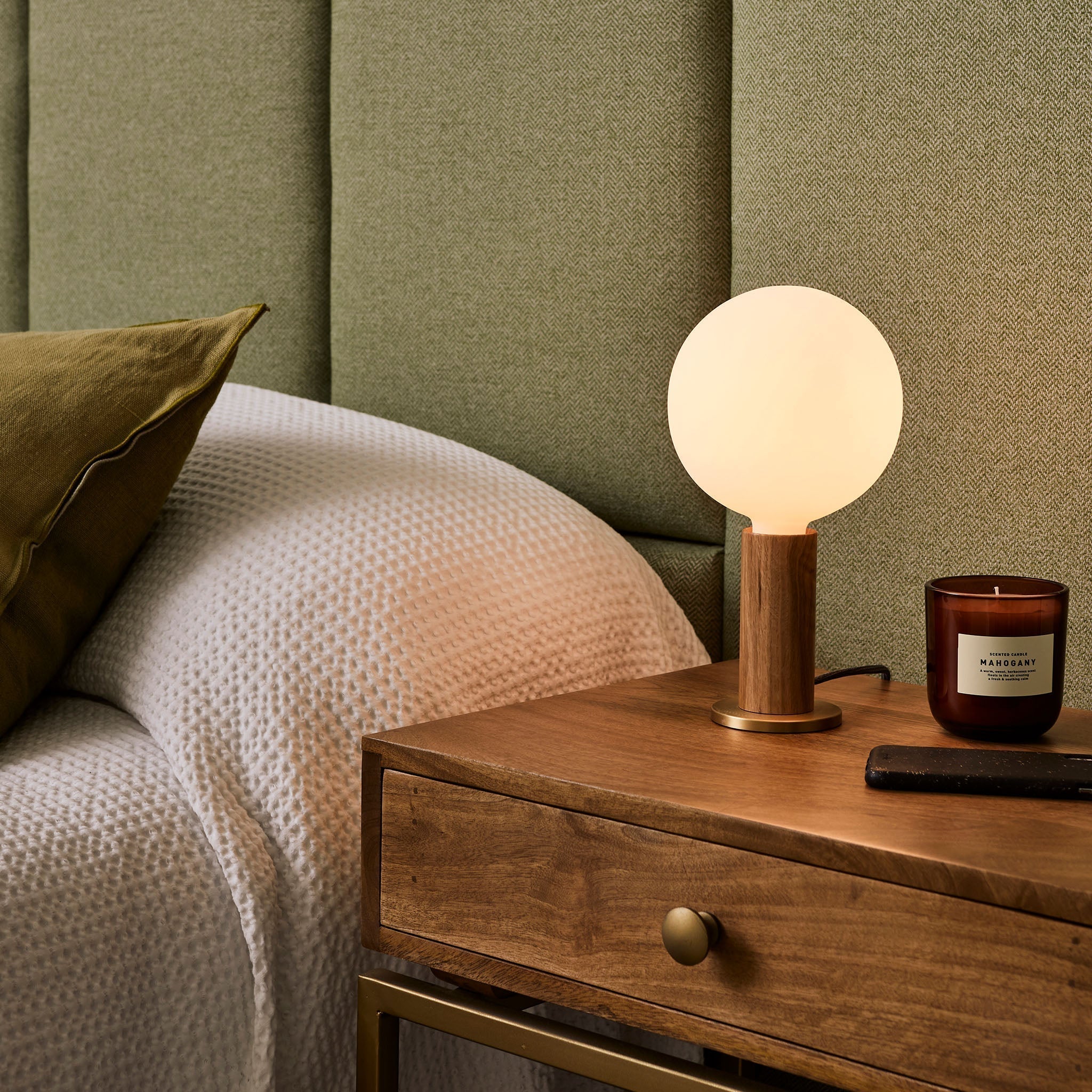 Tala Table Lamp – Wood Base, Brass Finish, Dimmable LED Sphere Bulb
