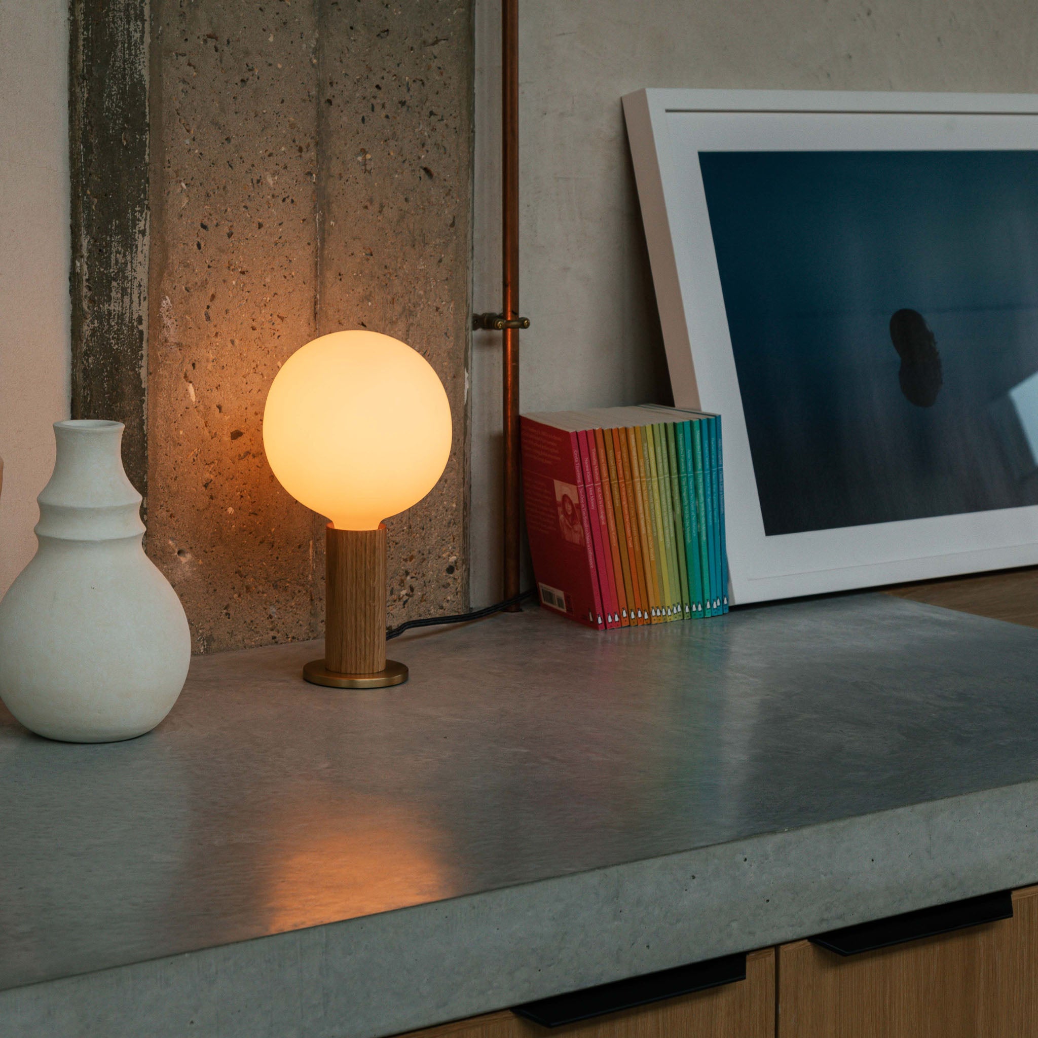 Tala Table Lamp – Wood Base, Brass Finish, Dimmable LED Sphere Bulb
