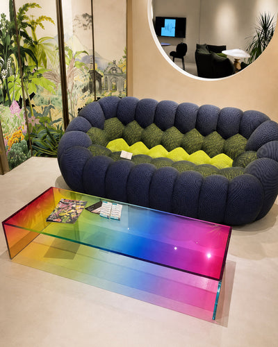 Dichroic glass coffee table full room lifestyle shot