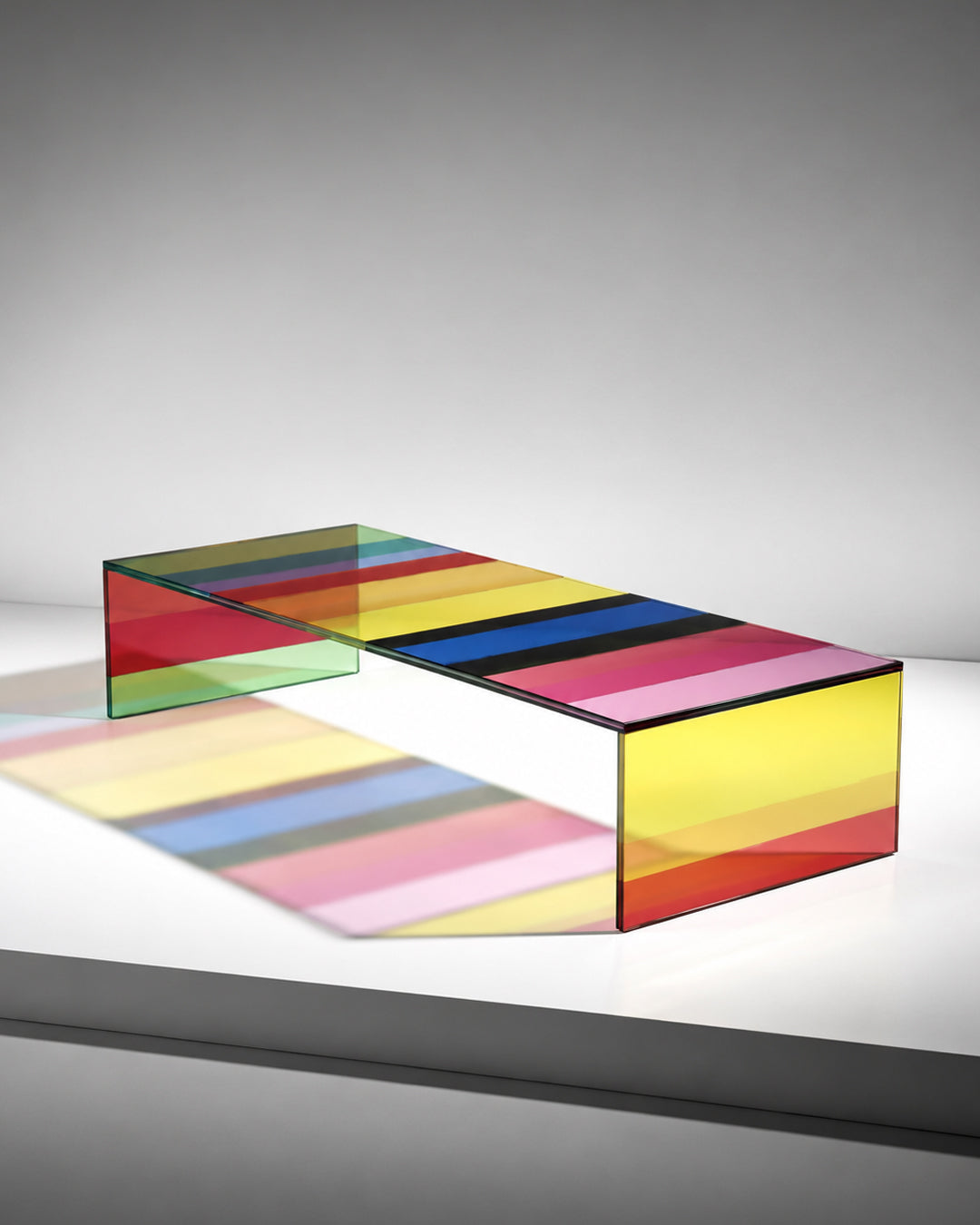 Close-up of dichroic film color shift on glass table surface