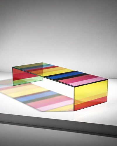 Close-up of dichroic film color shift on glass table surface