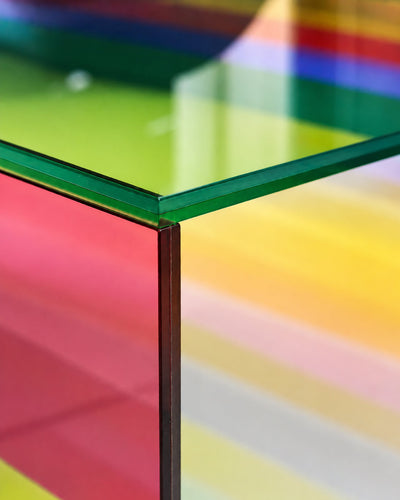 Top-down view of rainbow dichroic glass coffee table