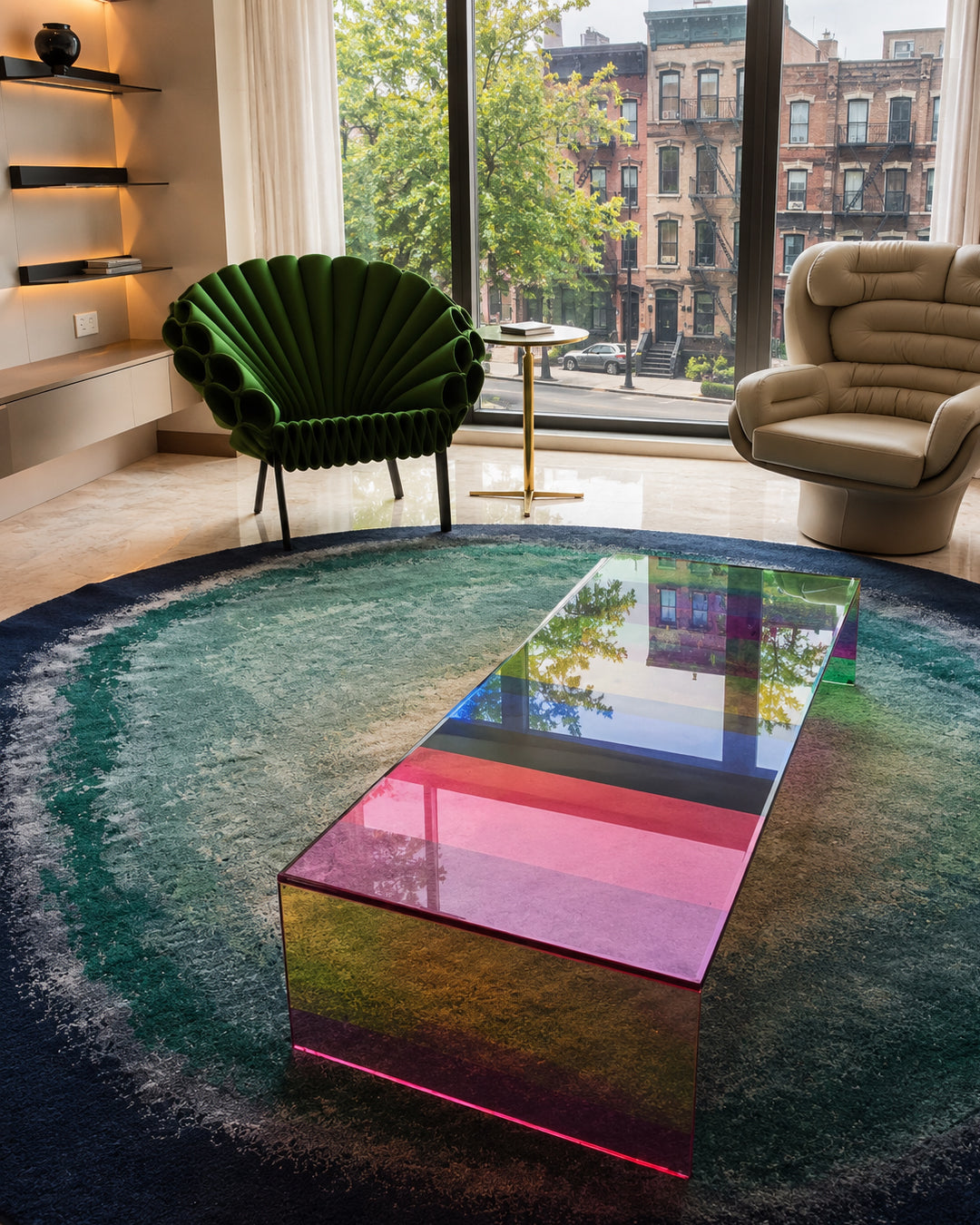 Dichroic glass coffee table styled on a tatami seating area
