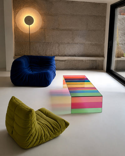 Dichroic glass coffee table showing color shift at an angle