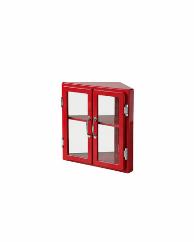 metal MCM vitrine corner display cabinet in red - front view product photo