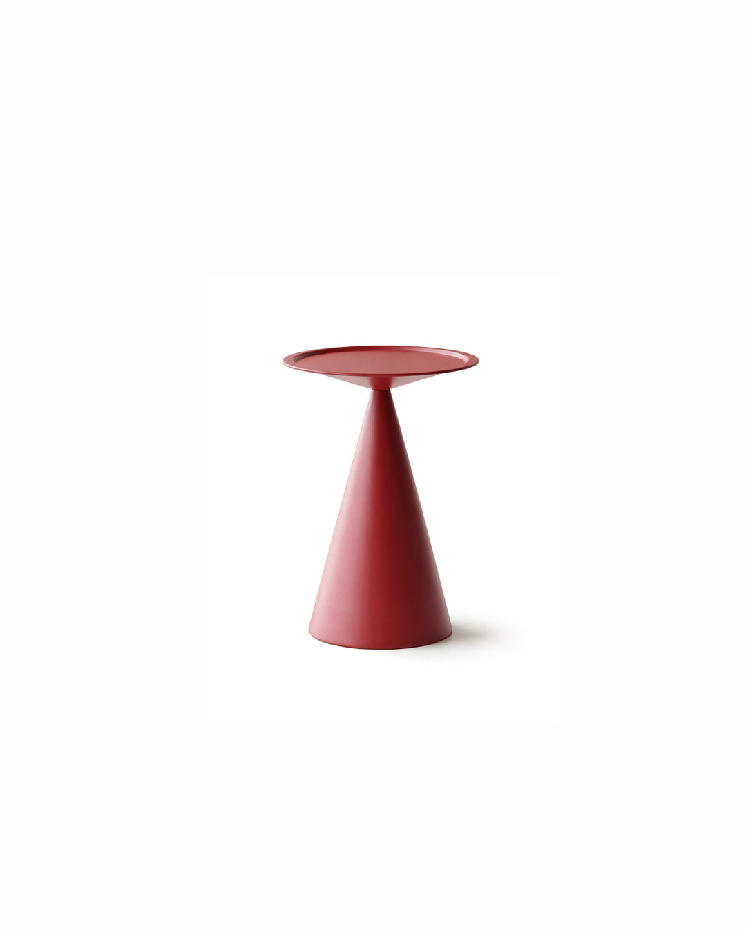 sculptural cone base metal side table in red - front view product photo
