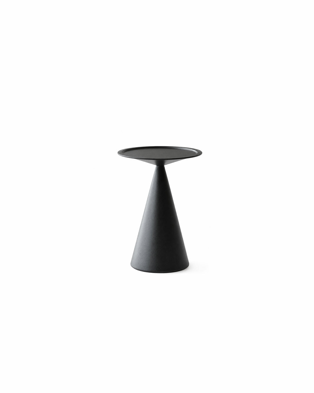 sculptural cone base metal side table in black - front view product photo