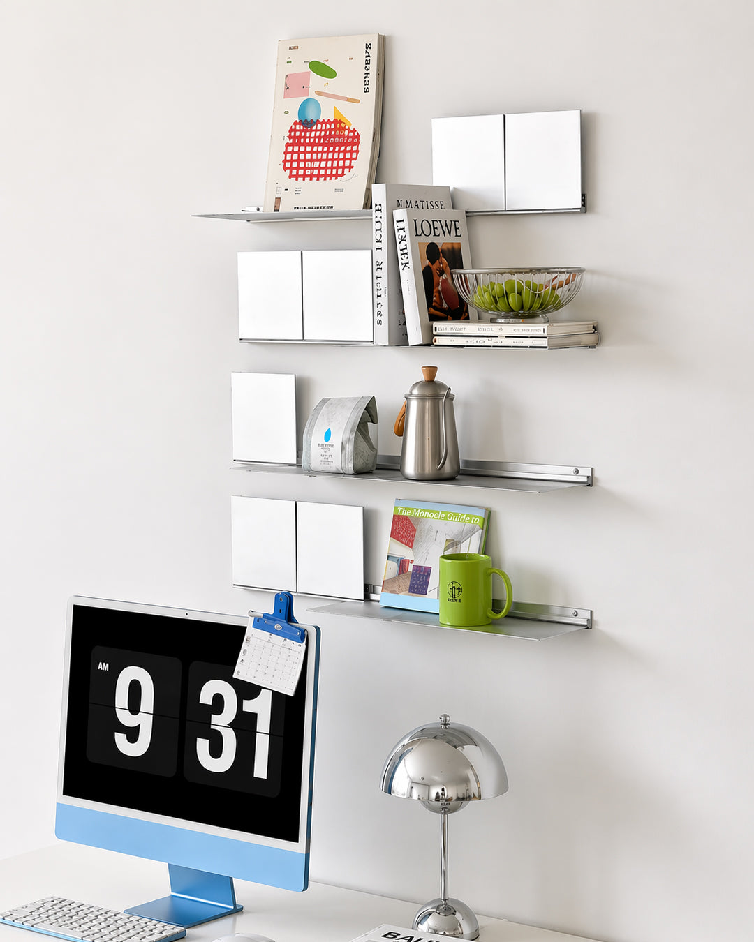 Side profile of flush-mounted aluminum wall shelf