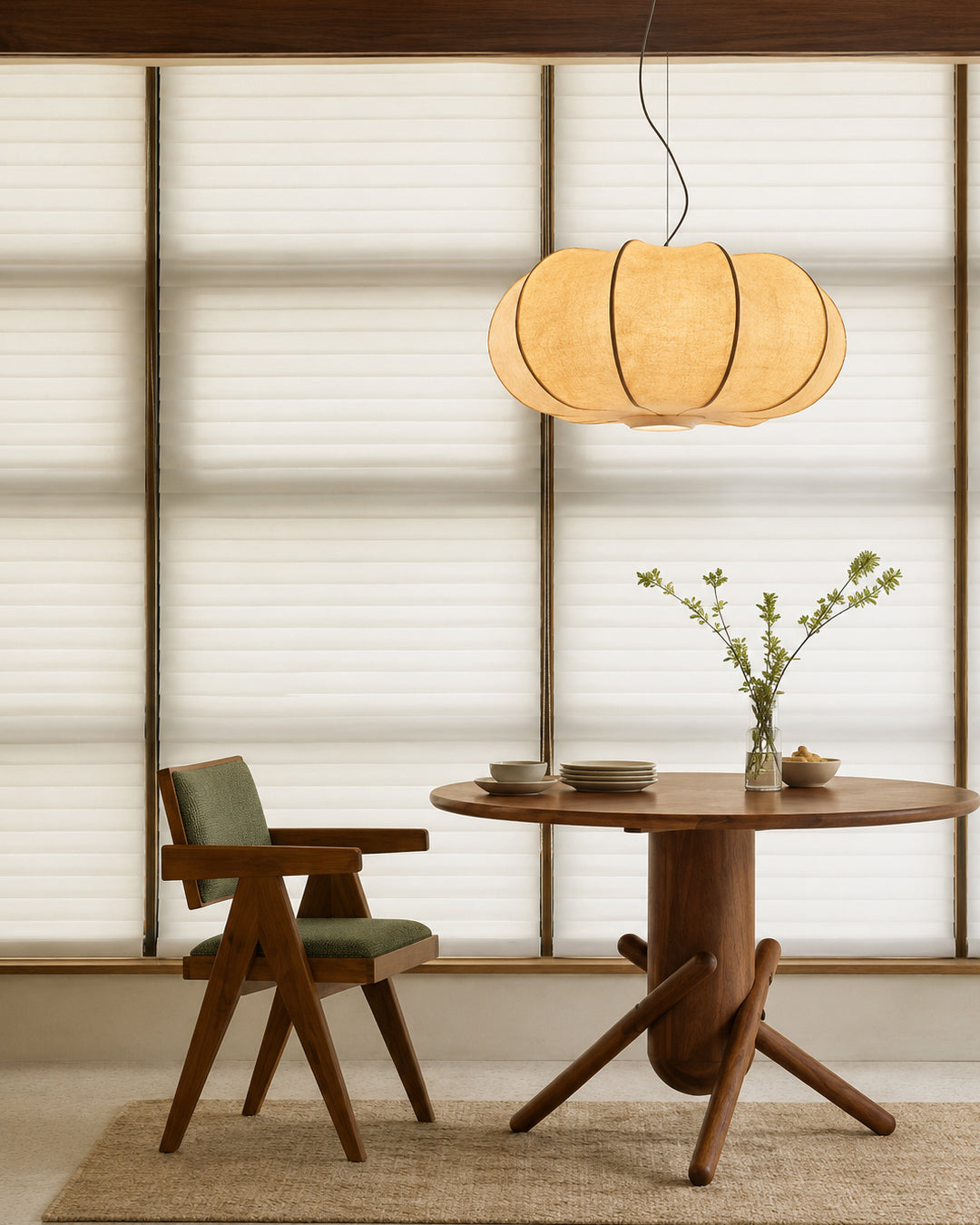 Silk paper pendant light hung over a dining table
