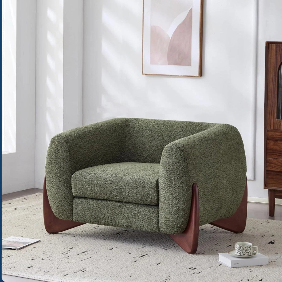 Boucle Lounge Chair - Soft Cushioned Seat, Solid Wood Frame