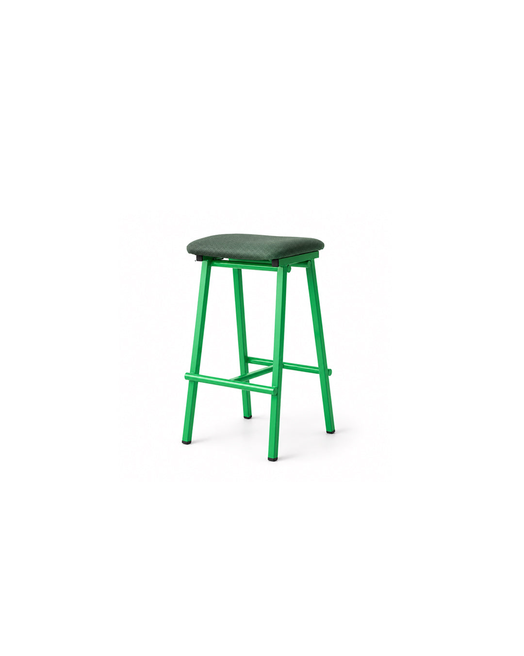saddle seat metal bar stool in green - front view product photo