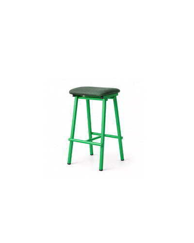 saddle seat metal bar stool in green - front view product photo