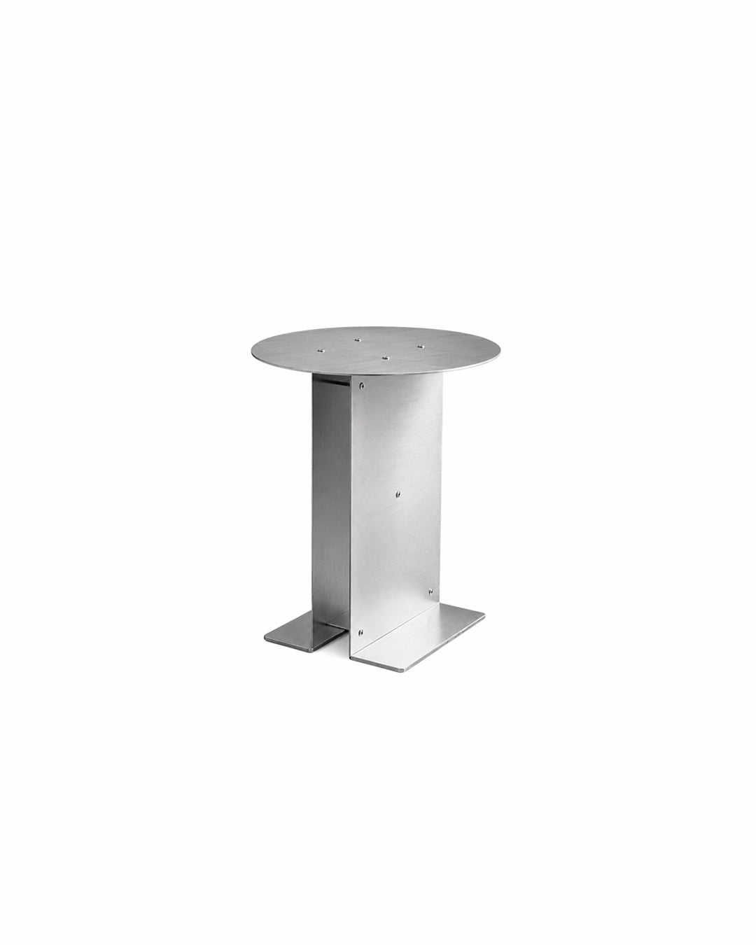 cantilever hand-polished stainless steel side table - front view product photo
