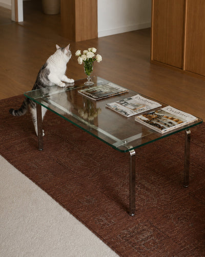Top-down view of glass coffee table surface