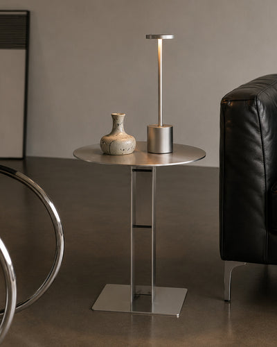 steel side table closeup detail shot showing interlocking crossbar joint