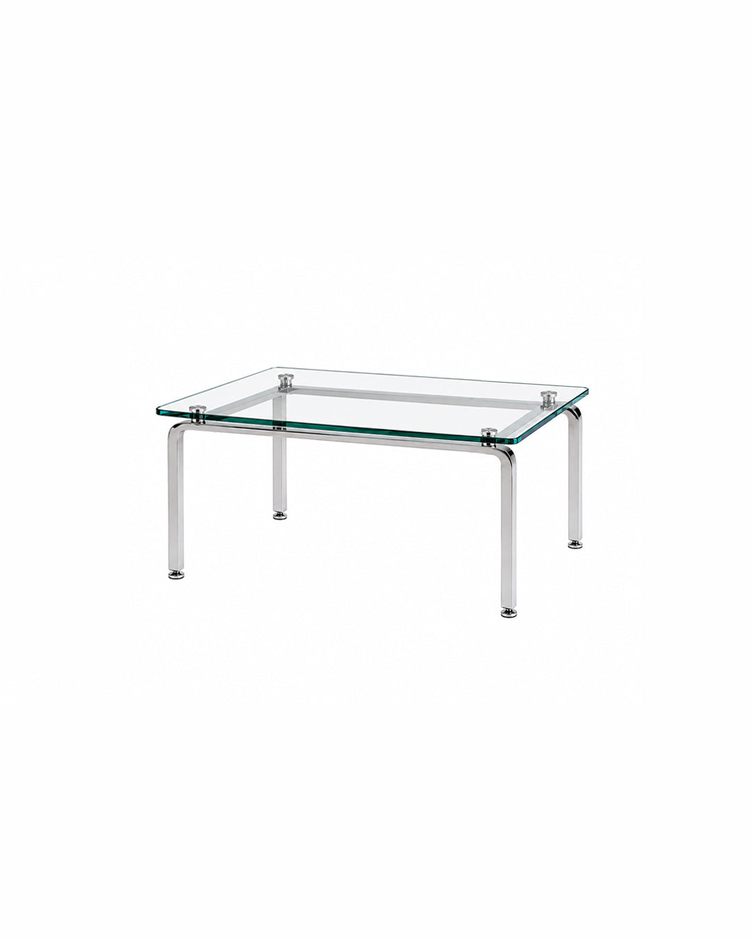 Rectangular glass and steel coffee table, front view