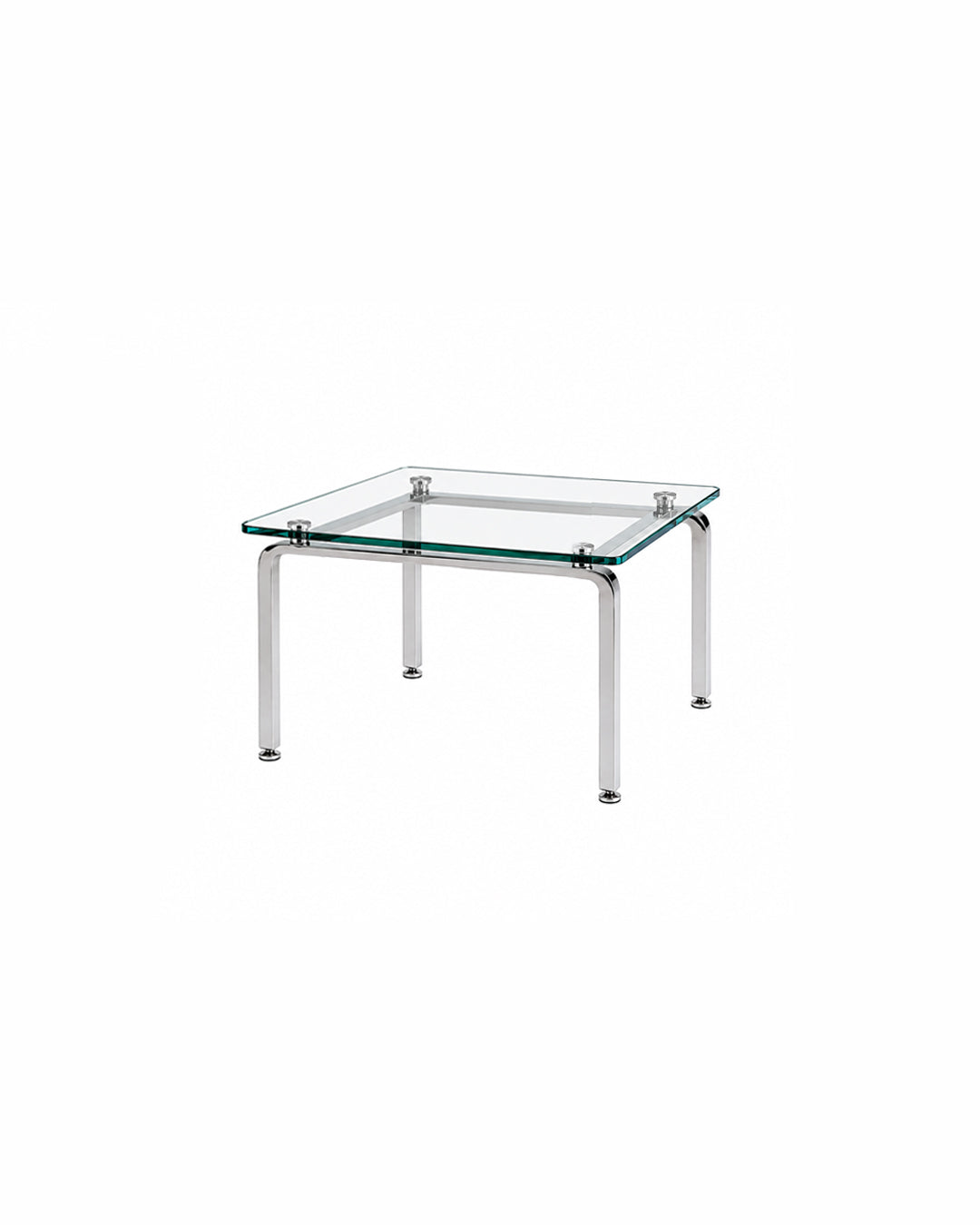 Square glass and steel coffee table, front view