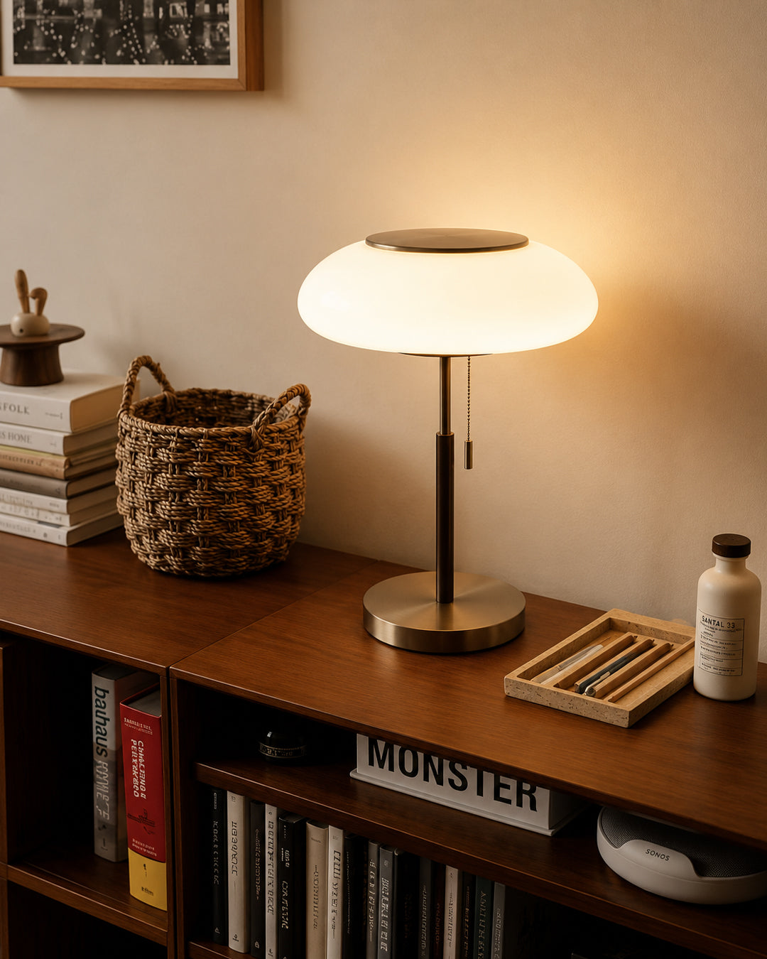 Ribbed glass table lamp styled in a study setting