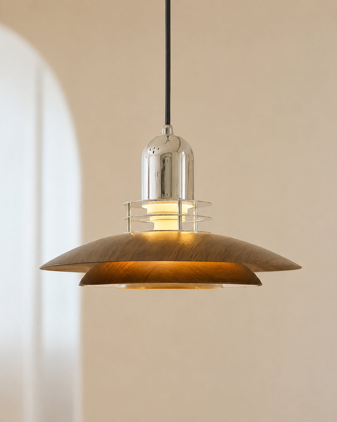 Close-up of walnut wood disc shade texture