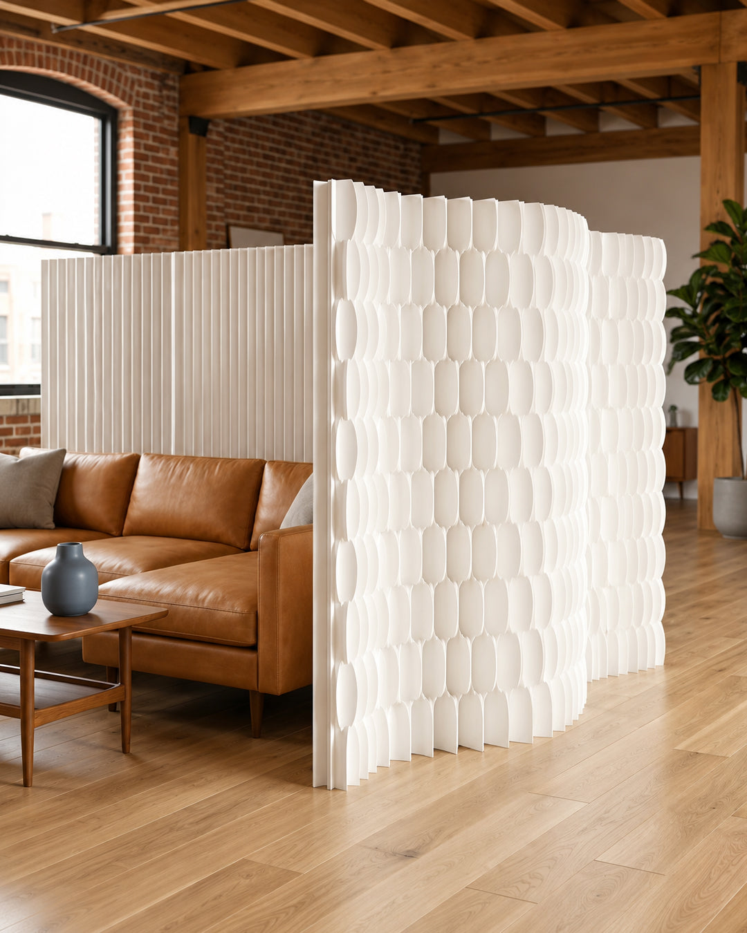 Honeycomb room divider folded into S-shape configuration
