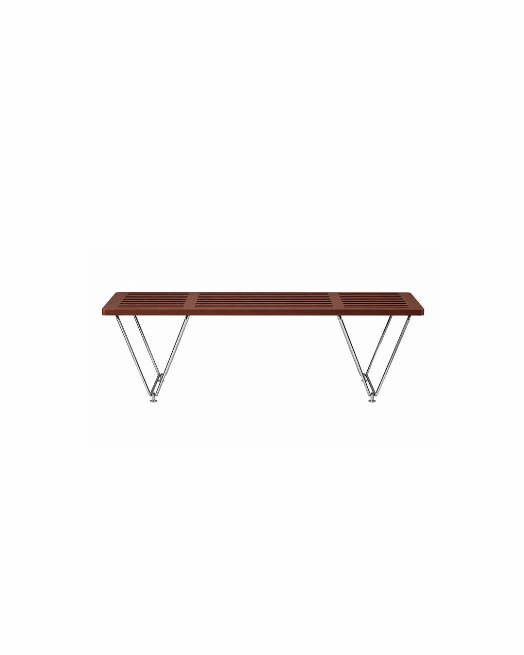 Dark wood finish slat bench, 120cm length, front view