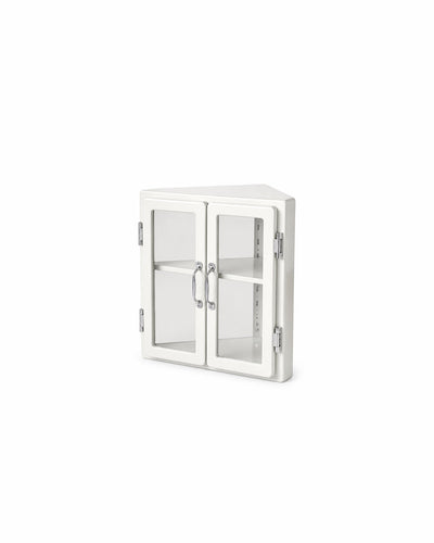 metal MCM vitrine corner display cabinet in white - front view product photo