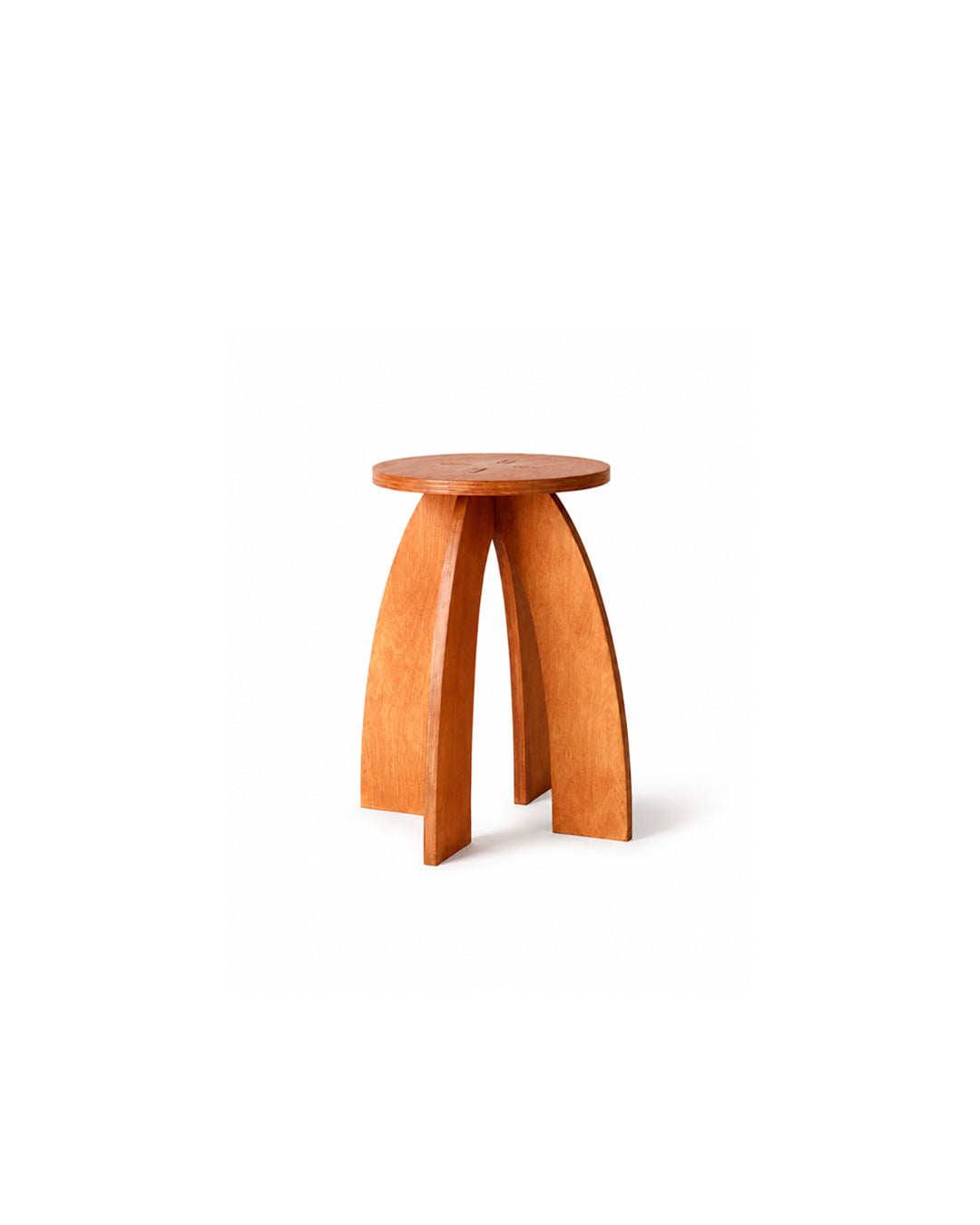 arched three-leg wood side table in teak finish - front view product photo