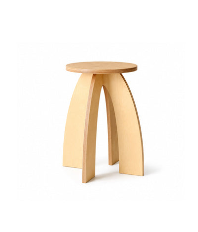 arched three-leg wood side table in natural finish - front view product photo