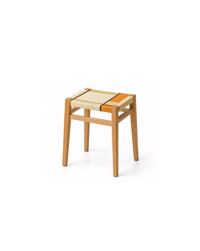 woven cord square stool in yellow cord with walnut wood legs - front view product photo