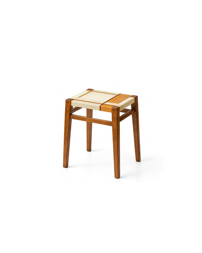 woven cord square stool in yellow cord with beech wood legs - front view product photo