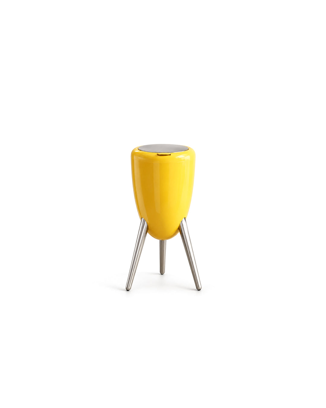 egg shape tripod trash can with lid in yellow - front view product photo