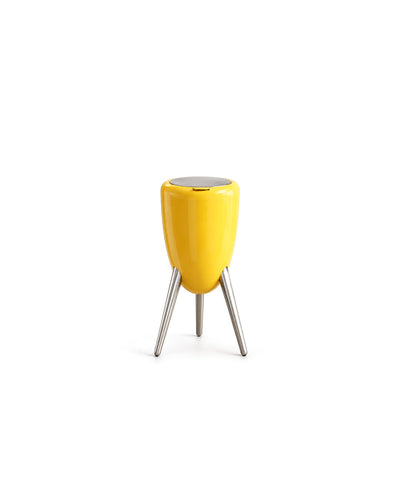 egg shape tripod trash can with lid in yellow - front view product photo